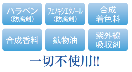 パラベン、フェノキシエタノール、合成着色料、合成香料、鉱物油、紫外線吸収剤　一切不使用！！