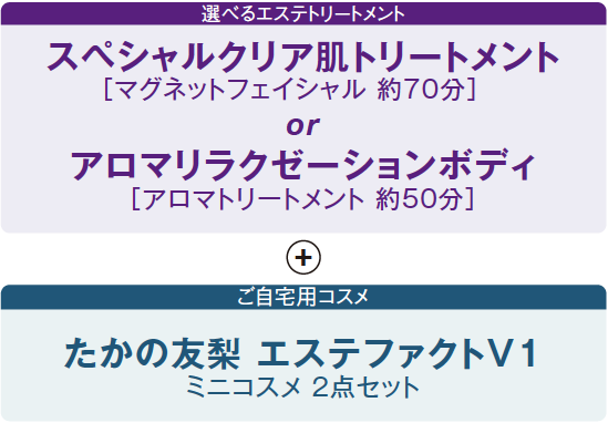 選べるエステトリートメント　スペシャルクリア肌トリートメント［マグネットフェイシャル 約70分］ or アロマリラクゼーションボディ［アロマトリートメント 約50分］　ご自宅用コスメ　たかの友梨 エステファクトV1 ミニコスメ 2点セット
