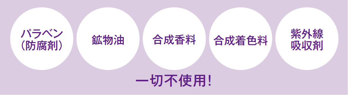パラベン、鉱物油、合成香料、合成着色料、紫外線吸収剤、一切不使用！