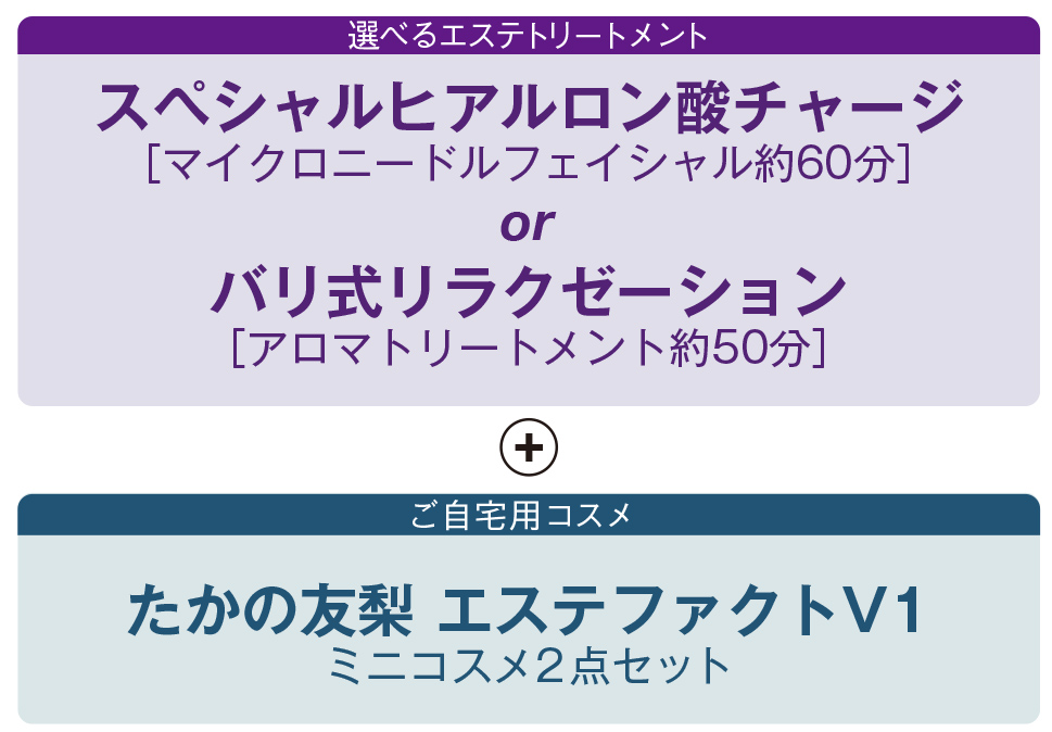 選べるエステトリートメント：スペシャルヒアルロン酸チャージ［マイクロニードルフェイシャル約60分］ or バリ式リラクゼーション［アロマトリートメント約50分］＋ご自宅用コスメ：たかの友梨 エステファクトV1 ミニコスメ2点セット