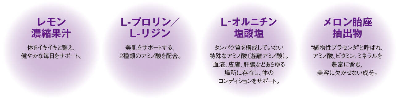 レモン濃縮果汁、L-プロリン／L-リジン、L-オルニチン塩酸塩、メロン胎座抽出物