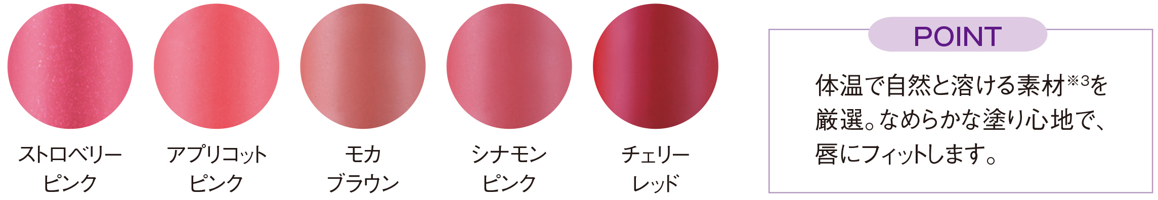 5色のカラーバリエーション POINT 体温で自然と溶ける素材※3を厳選。なめらかな塗り心地で、唇にフィットします。