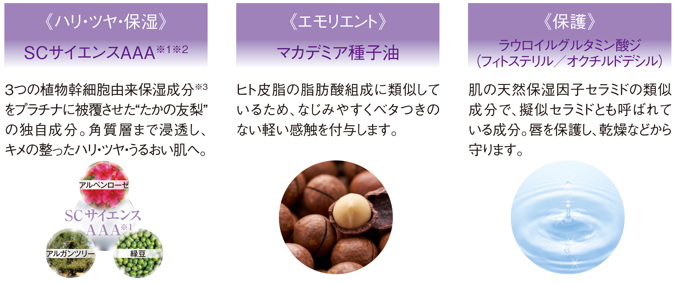 《ハリ・ツヤ・保湿》 SCサイエンスAAA※1※2 3つの植物幹細胞由来保湿成分※3をプラチナに被覆させた“たかの友梨”の独自成分。角質層まで浸透し、キメの整ったハリ・ツヤ・うるおい肌へ。 《エモリエント》マカデミア種子油 ヒト皮脂の脂肪酸組成に類似しているため、なじみやすくベタつきのない軽い感触を付与します。《保護》
ラウロイルグルタミン酸ジ（フィトステリル／オクチルドデシル）肌の天然保湿因子セラミドの類似成分で、擬似セラミドとも呼ばれている成分。唇を保護し、乾燥などから守ります。