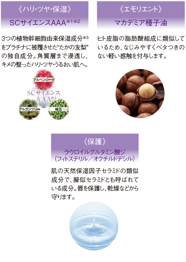 《ハリ・ツヤ・保湿》 SCサイエンスAAA※1※2 3つの植物幹細胞由来保湿成分※3をプラチナに被覆させた“たかの友梨”の独自成分。角質層まで浸透し、キメの整ったハリ・ツヤ・うるおい肌へ。 《エモリエント》マカデミア種子油 ヒト皮脂の脂肪酸組成に類似しているため、なじみやすくベタつきのない軽い感触を付与します。《保護》
ラウロイルグルタミン酸ジ（フィトステリル／オクチルドデシル）肌の天然保湿因子セラミドの類似成分で、擬似セラミドとも呼ばれている成分。唇を保護し、乾燥などから守ります。