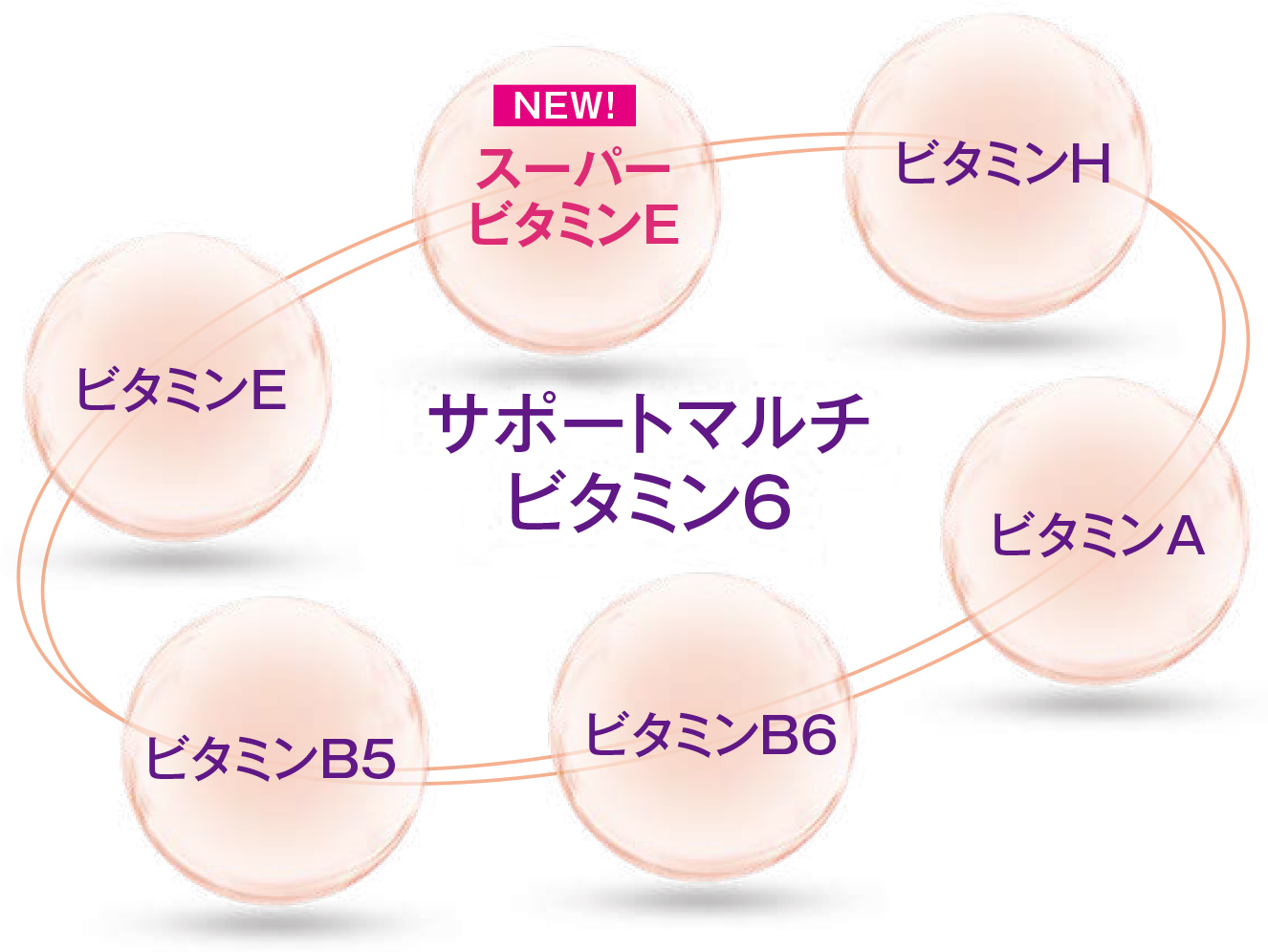 サポートマルチビタミン6 スーパー
ビタミンE ビタミンH ビタミンA ビタミンB6 ビタミンB5 ビタミンE