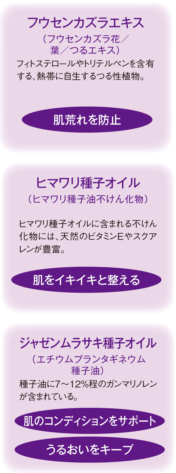 フウセンカズラエキス（フウセンカズラ花／葉／つるエキス）フィトステロールやトリテルペンを含有する、熱帯に自生するつる性植物。　肌荒れを防止／ヒマワリ種子オイル（ヒマワリ種子油不けん化物）ヒマワリ種子オイルに含まれる不けん化物には、天然のビタミンEやスクアレンが豊富。　肌をイキイキと整える／ジャゼンムラサキ種子オイル（エチウムプランタギネウム種子油）種子油に7〜12%程のガンマリノレンが含まれている。 肌のコンディションをサポート うるおいをキープ