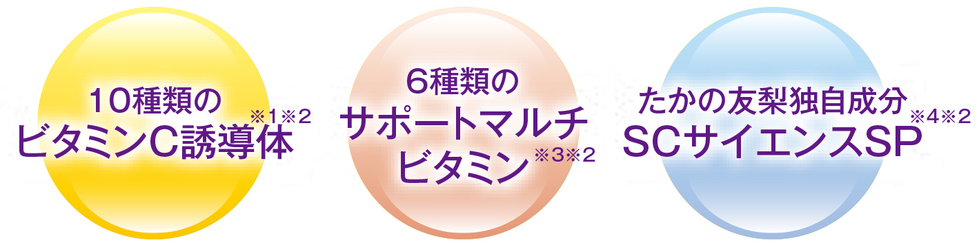 10種類のビタミンC誘導体※1※2／6種類のサポートマルチビタミン※3※2／たかの友梨独自成分SCサイエンスSP※4※2
