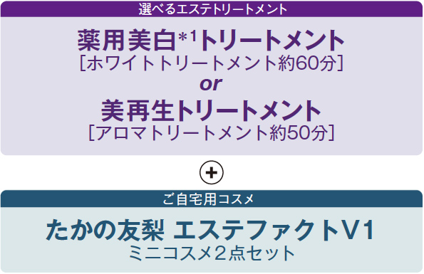 選べるエステトリートメント 薬用美白トリートメント［ホワイトトリートメント約60分］or美再生トリートメント［アロマトリートメント約50分］＋ご自宅用コスメ たかの友梨 エステファクトV1 ミニコスメ2点セット